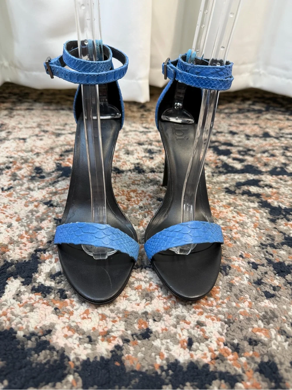 Tibi ‘Amber’ Blue Python Snake Embossed Ankle Strap Open Toe Heels Size 8
